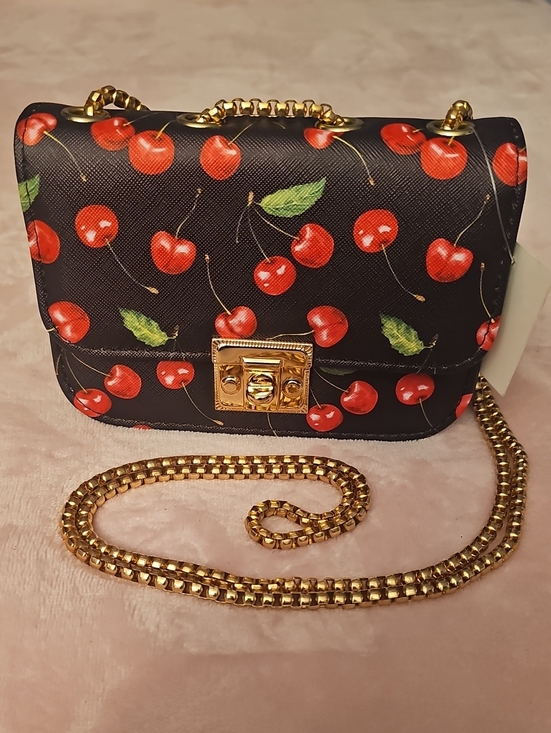 Jems Handbags - Black Cherry Print Crossbody Bag with Gold Chain - 1 Free Bag Charm Included